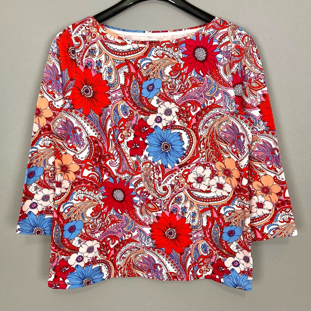 Talbots Floral Bateau Neck Tee Women’s Size L Pima Cotton Knit Colorful Classic